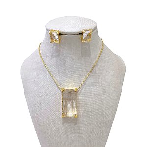 Conjunto Folheado Ouro 18k e Prata 925 Quadrado Cristal