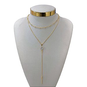 Colar Duplo Folheado Ouro 18k Bolinhas Gravatinha Cristal Palito