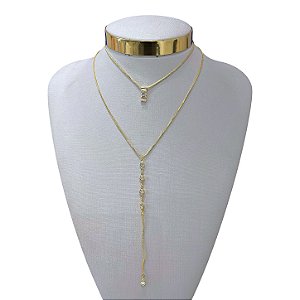 Colar Duplo Folheado Ouro 18k Gravatinha Ponto de Luz