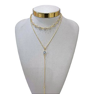 Colar Duplo Folheado Ouro 18k Gravatinha Ponto de Luz Cristais