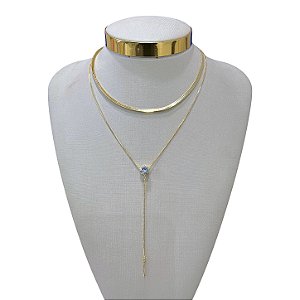 Colar Duplo Folheado Ouro 18k Fita Laminada Gravatinha Ponto de Luz