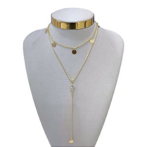 Colar Duplo Folheado Ouro 18k Discos Gravatinha Ponto de Luz