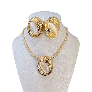 Conjunto Folheado Ouro 18k e Prata 925 Pedraria Oval Orgânico Malha