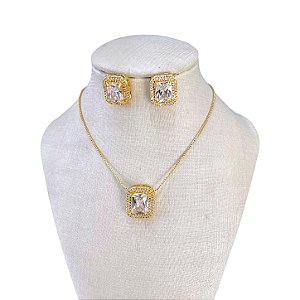 Conjunto Folheado Ouro 18k e Prata 925 Quadrado Cristal Cravejado