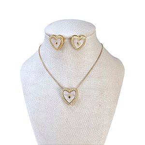 Conjunto Folheado Ouro 18k e Prata 925 Coração Cravejado Madrepérola