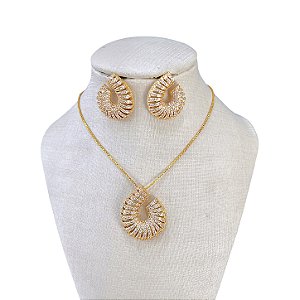 Conjunto Folheado Ouro 18k e Prata 925 Gota Vírgula Cravejada