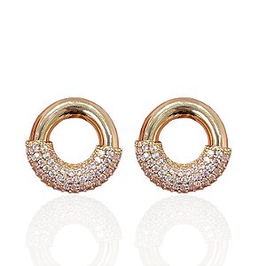 Brinco Folheado Ouro 18k e Prata 925 Redondo Vazado Cravejado