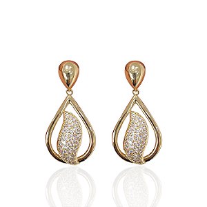 Brinco Folheado Ouro 18k e Prata 925 Gota Cravejada