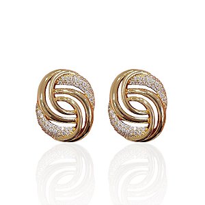 Brinco Folheado Ouro 18k e Prata 925 Redondo Trançado Cravejado