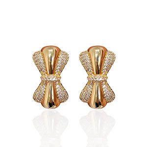 Brinco Folheado Ouro 18k e Prata 925 Laço Cravejado