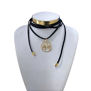 Choker Couro Bijuteria Dourado Country Mandala Amazonas