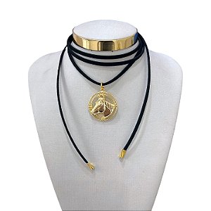 Choker Couro Bijuteria Dourado Country Cavalo
