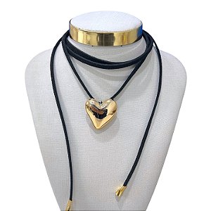 Choker Couro Bijuteria Dourado Country Coração