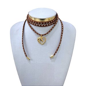 Choker Couro Bijuteria Dourado Country Coração Cavalo