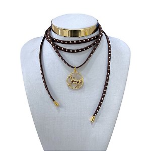 Choker Couro Bijuteria Dourado Country Cavalo