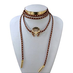 Choker Couro Bijuteria Dourado Country Ferradura Touro
