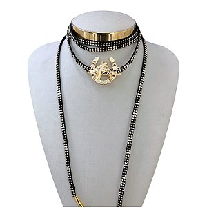 Choker Couro Bijuteria Dourado Country Ferradura Cavalo