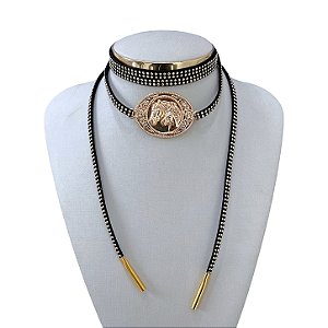 Choker Couro Bijuteria Dourado Country Ferradura Cavalo