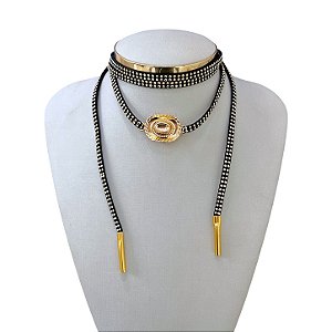 Choker Couro Bijuteria Dourado Country Chapéu