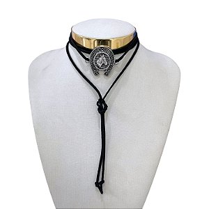 Choker Couro Bijuteria Prata Country Ferradura Cavalo