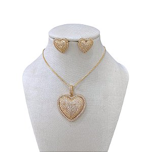 Conjunto Folheado Ouro 18K e Prata 925 Coração Cravejado