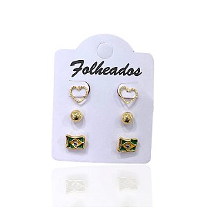 Trio Brincos Folheado Ouro 18k e Prata 925 Bandeira do Brasil