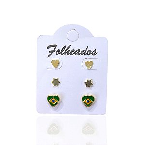Trio Brincos Folheado Ouro 18k e Prata 925 Coração Brasil