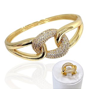 Conjunto Anel e Bracelete Folheado Ouro 18k e Prata 925 Elos Cravejado