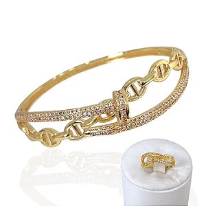 Conjunto Anel e Bracelete Folheado Ouro 18k e Prata 925 Prego Elos Cravejados