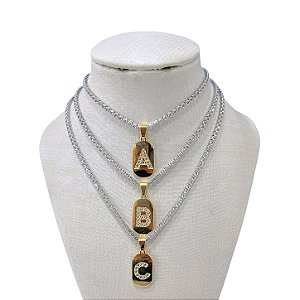Colar Folheada Ouro 18k Letra Inicial Cravejada Riviera Dois Banhos