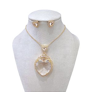 Conjunto Folheado Ouro 18k e Prata 925 Coração Cristal Cravejado