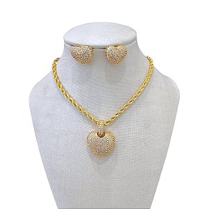 Conjunto Folheado Ouro 18k e Prata 925 Correntaria Coração Cravejado