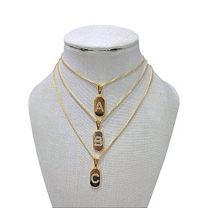 Colar Folheada Ouro 18k e Prata 925 Letra Inicial Plaquinha Oval Cravejada