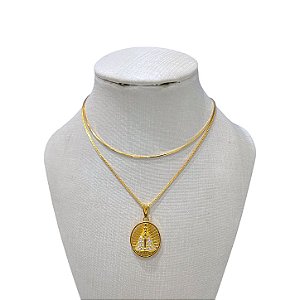 Choker Dupla Folheada Ouro 18k Nossa Senhora Cravejada