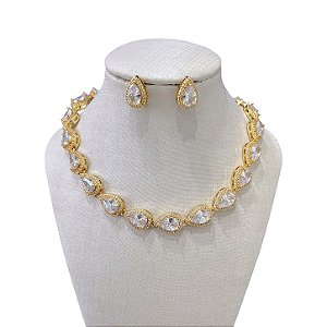 Conjunto Folheado Ouro 18k e Prata 925 Inspired Gota Cravejada