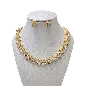 Conjunto Folheado Ouro 18k e Prata 925 Quadrado Cravejado