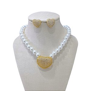 Conjunto Folheado Ouro 18k e Prata 925 Pérola Coração Cravejado