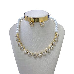 Conjunto Folheado Ouro 18k e Prata 925 Pérola Coração Cravejado