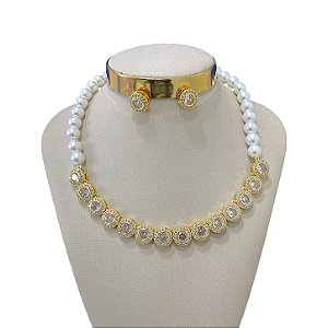 Conjunto Folheado Ouro 18k e Prata 925 Pérola Redonda Cravejada
