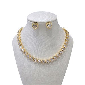 Conjunto Folheado Ouro 18k e Prata 925 Inspired Corações Pedraria