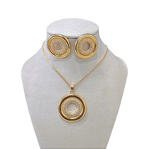 Conjunto Folheado Ouro 18k e Prata 925 Redondo Cravejado