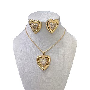 Conjunto Folheado Ouro 18k e Prata 925 Coração Abaolado Cravejado