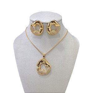 Conjunto Folheado Ouro 18k e Prata 925 Orgânico Vazado Cravejado
