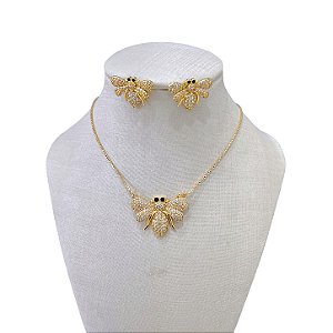 Conjunto Folheado Ouro 18k e Prata 925 Vespa Cravejada