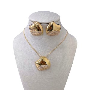 Conjunto Folheado Ouro 18k e Prata 925 Orgânico Cravejado