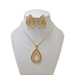 Conjunto Folheado Ouro 18k e Prata 925 Gota vazada Cravejada