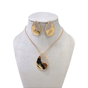 Conjunto Folheado Ouro 18k e Prata 925 Gota Cravejada