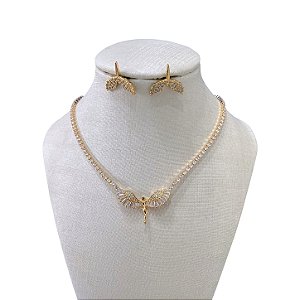 Conjunto Folheado Ouro 18k e Prata 925 Riviera Anjo Cravejado