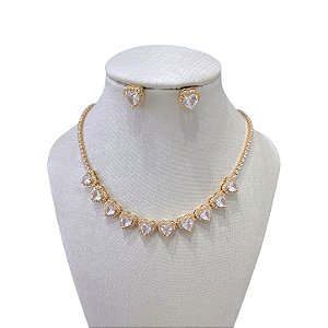 Conjunto Folheado Ouro 18k e Prata 925 Riviera Corações Cravejado