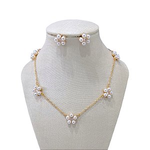 Conjunto Folheado Ouro 18k Flor Pérola Ponto de Luz